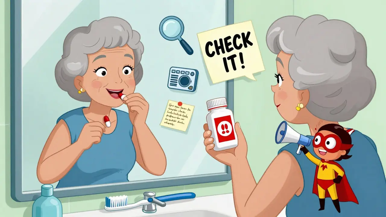 A woman places a red sticker on her thyroid pill next to her toothbrush, her mirror reflection shows her avoiding a past mistake.