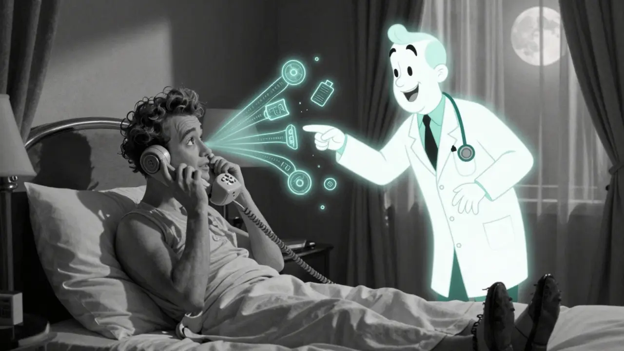 Animated character video calling a doctor from a hotel room using smartphone.