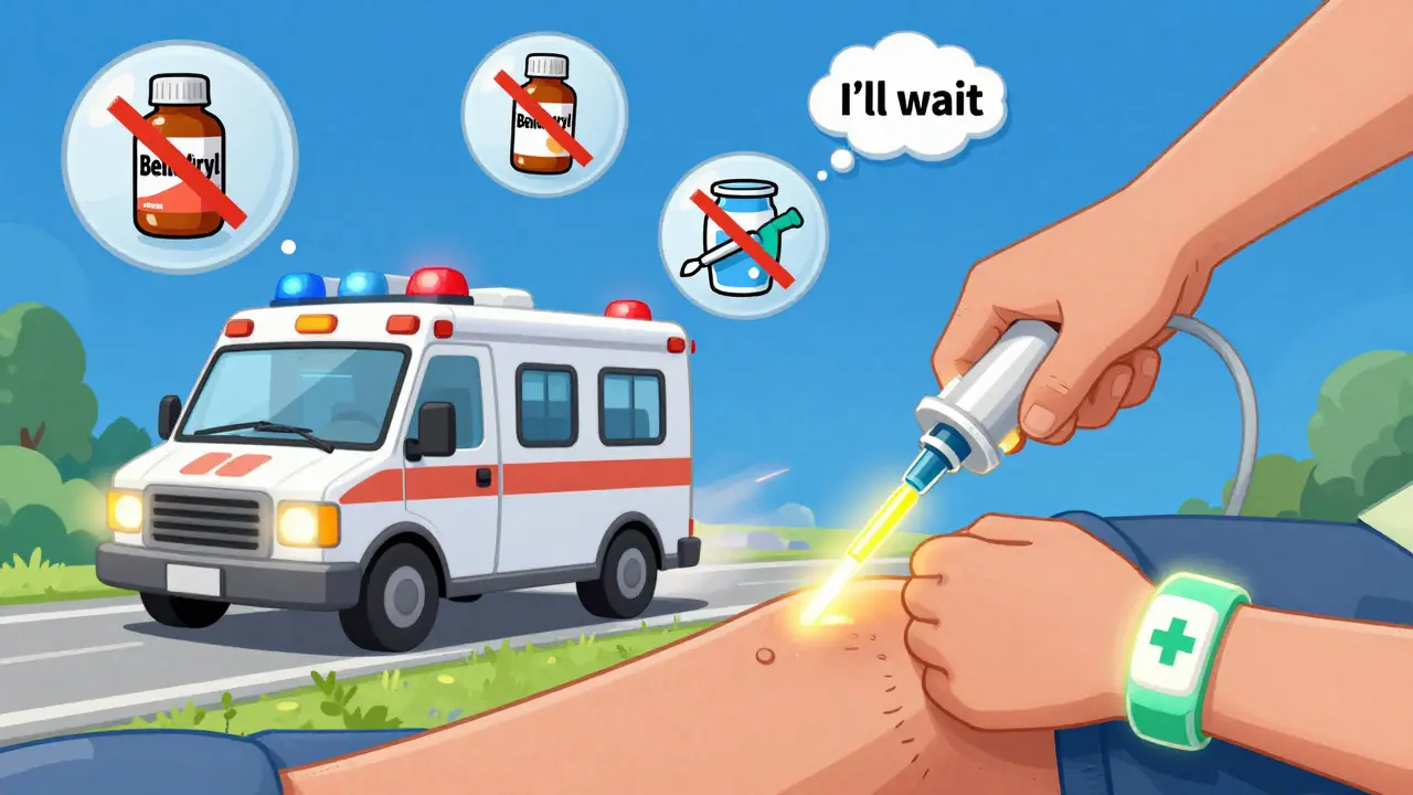 Epinephrine injector in use, ambulance arriving, myth bubbles popping in cartoon style