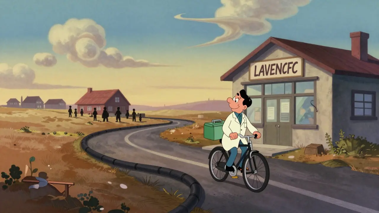 Rubber hose style pharmacist biking to rural home