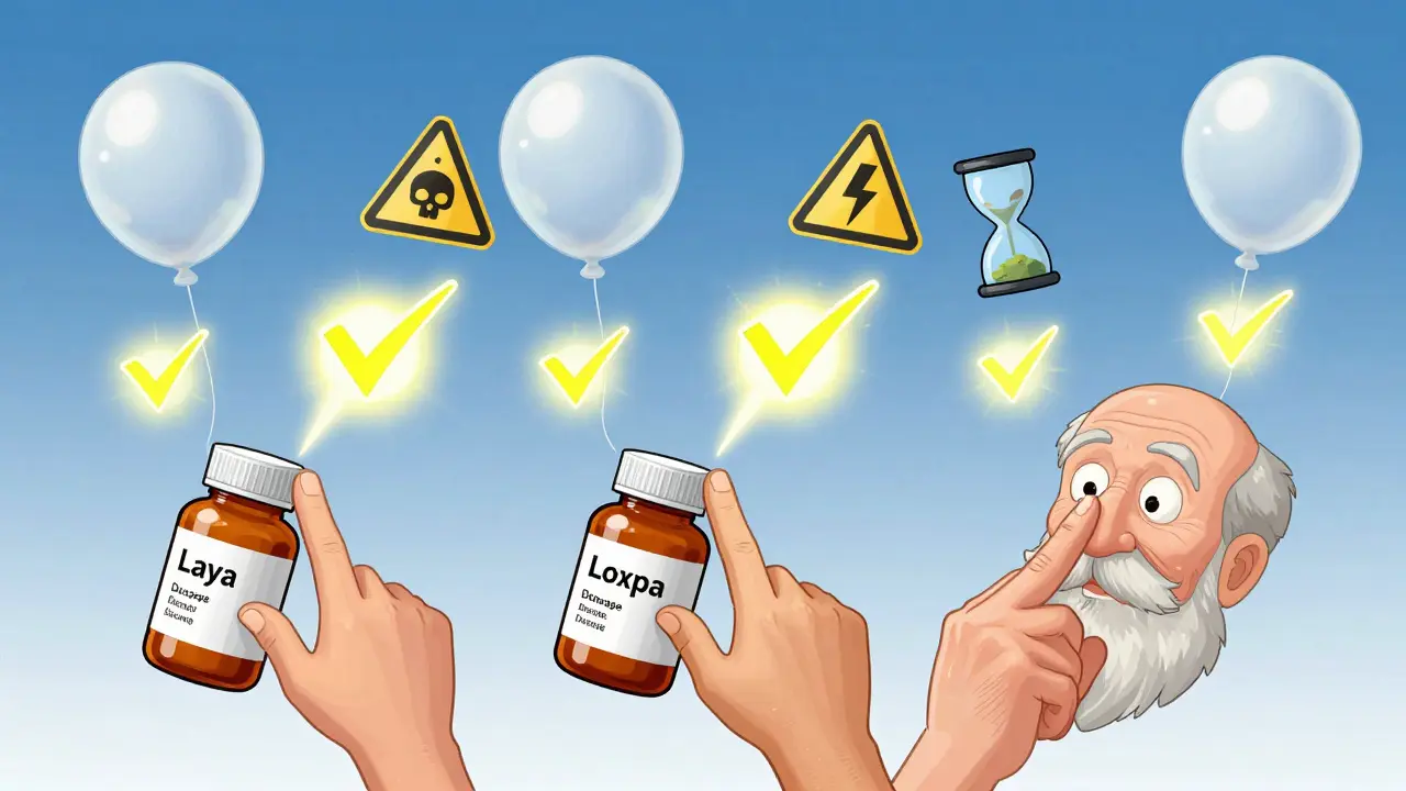 Three hands touch pill bottles in sequence, each touch producing a glowing checkmark that dispels danger icons.