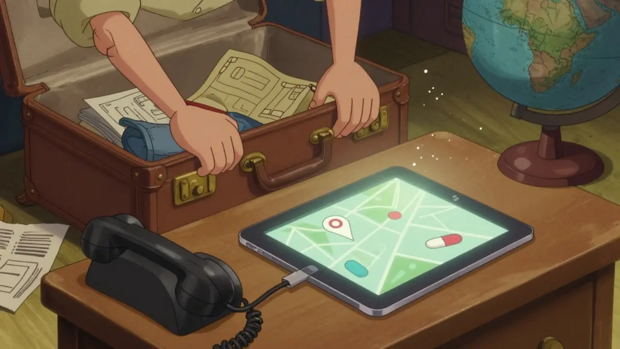 Vintage style cartoon of person packing suitcase with tablet for offline maps.