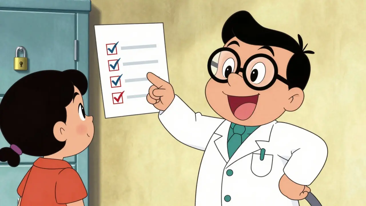 A friendly pharmacist explaining medication safety and a locked cabinet