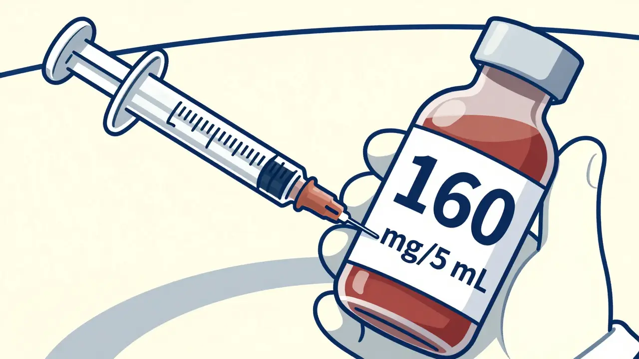 A hand using a precise oral syringe to draw medicine from a bottle