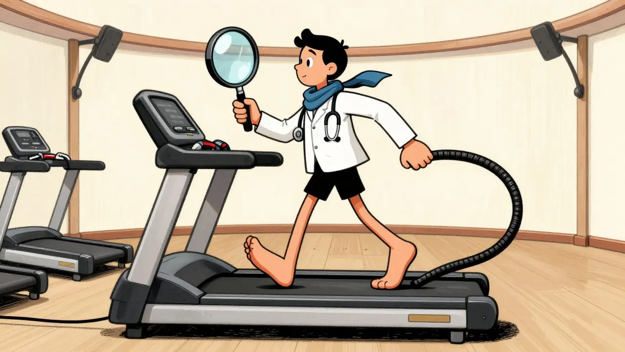 Cartoon character using a magnifying glass to check their heel while walking.