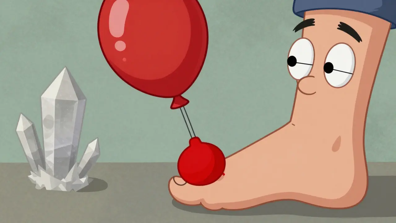 Cartoon character with a large red inflated big toe and floating crystals.