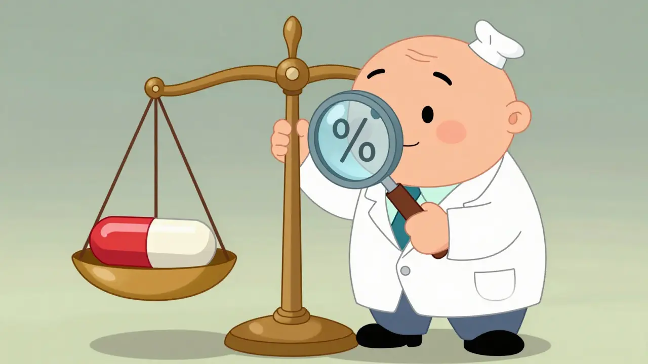 Cartoon doctor balancing a giant pill and a math equation on a scale