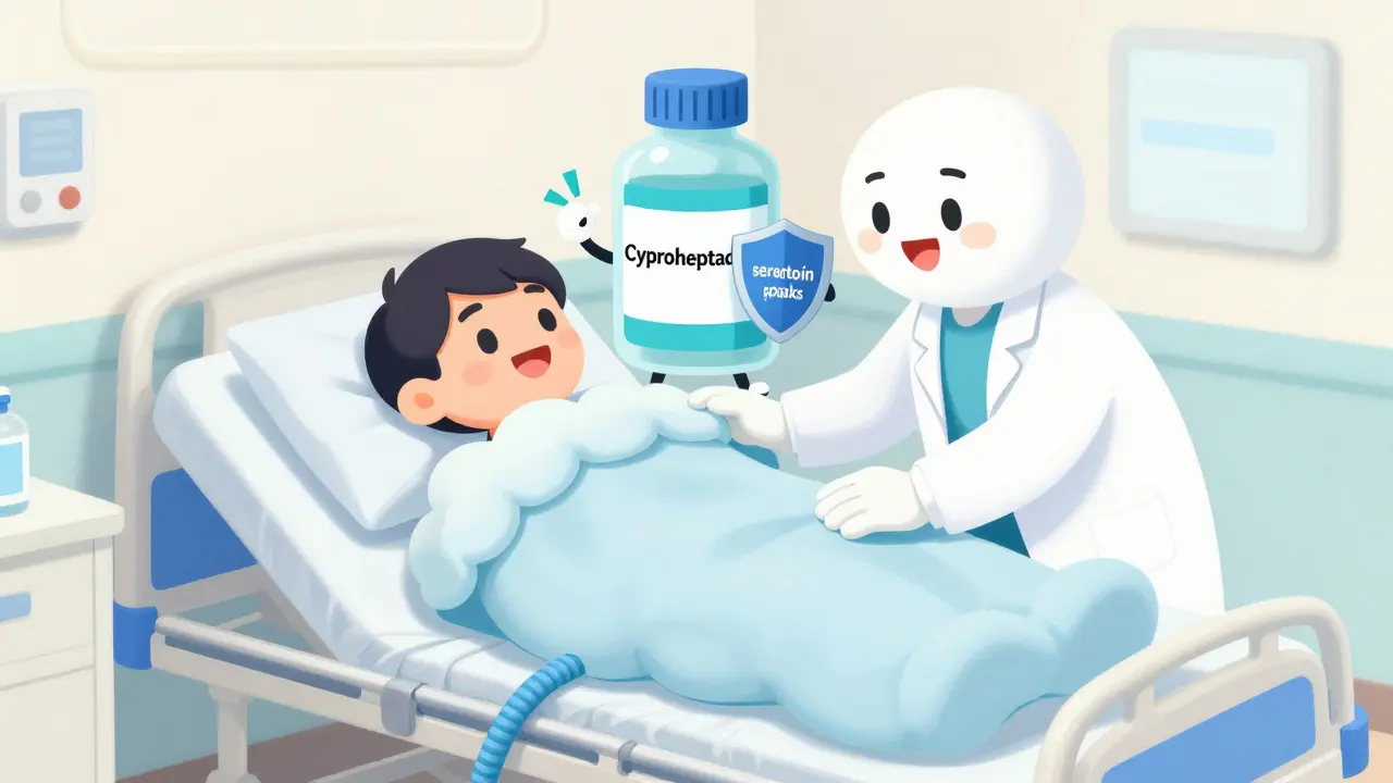Cartoon patient in a hospital bed with a cooling blanket and a friendly doctor.