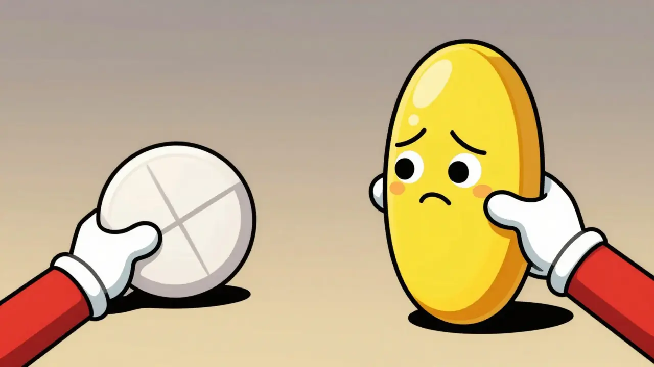 Comparison of two differently shaped and colored pills with expressive faces in cartoon style.
