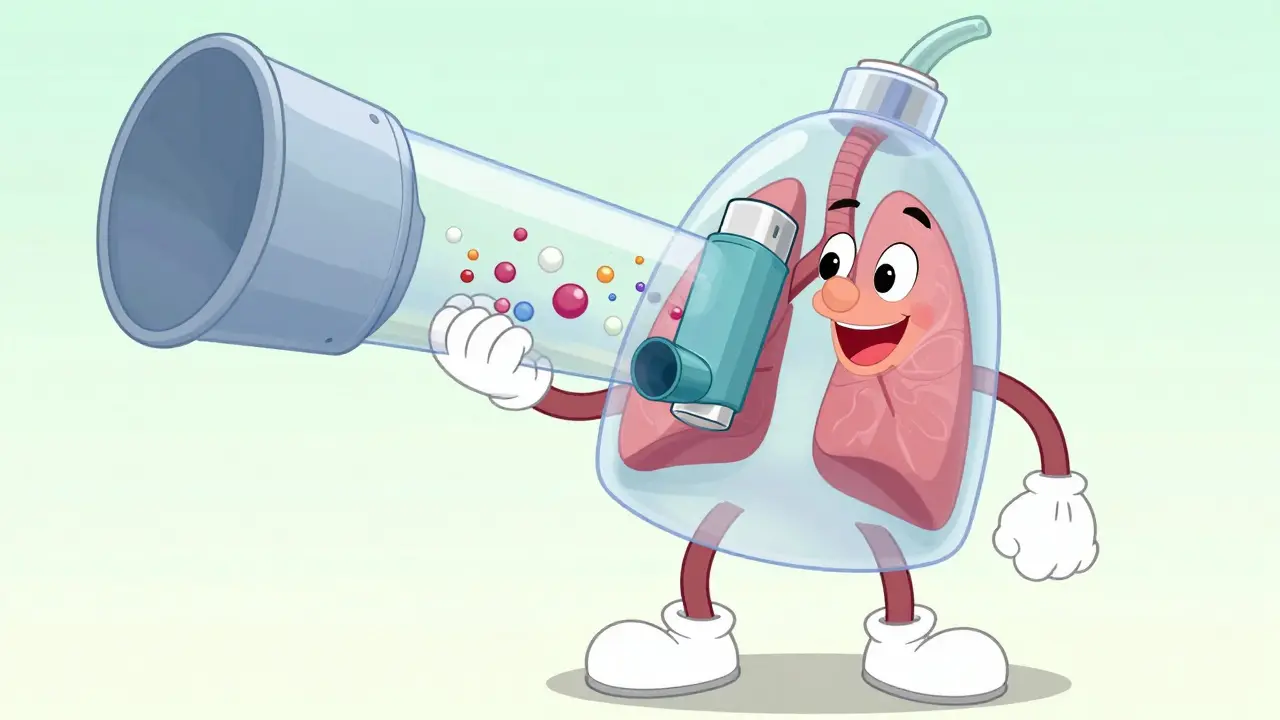 Happy cartoon character using an inhaler with a spacer to breathe deeply