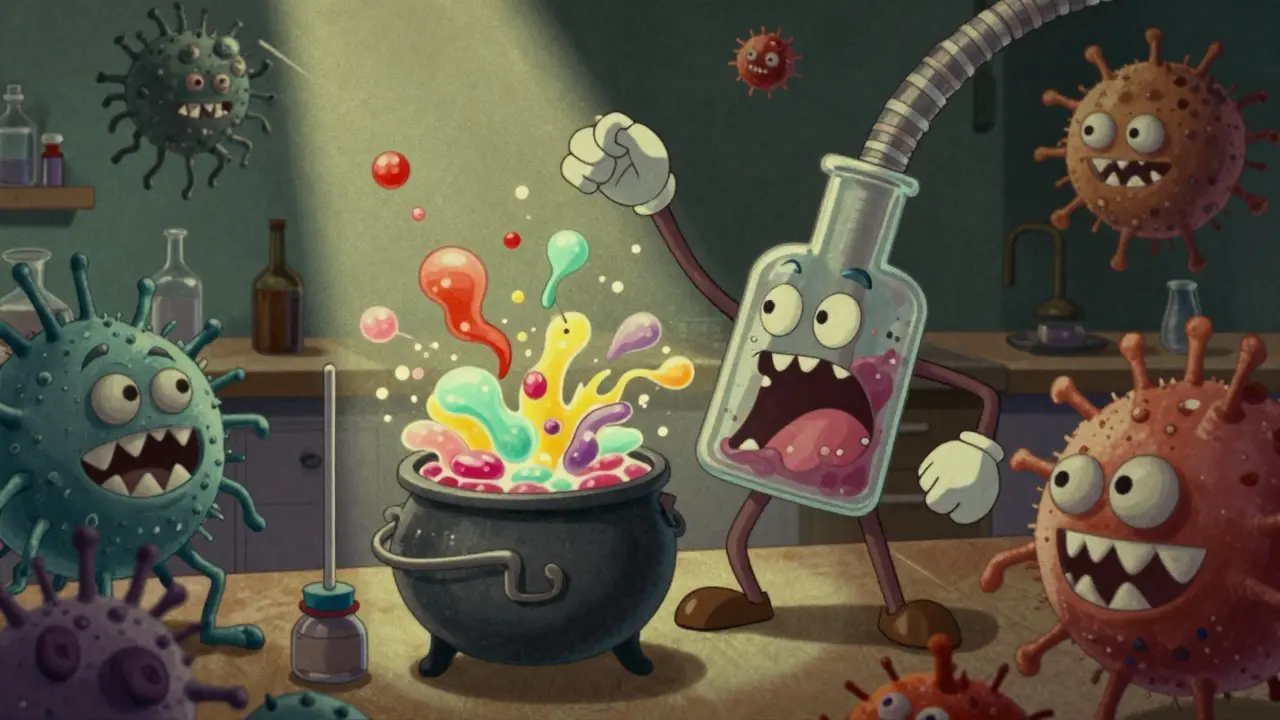 Personified beaker mixing toxic chemicals with bacteria characters in a kitchen lab.
