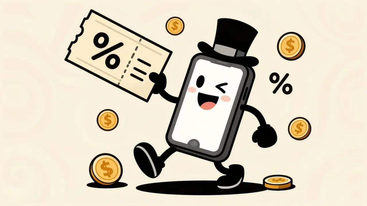 Personified smartphone dancing with a discount coupon in 1930s animation style