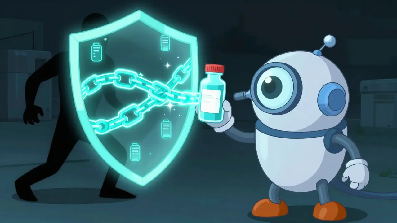 Robot scanning a medicine bottle protected by a glowing digital blockchain shield.