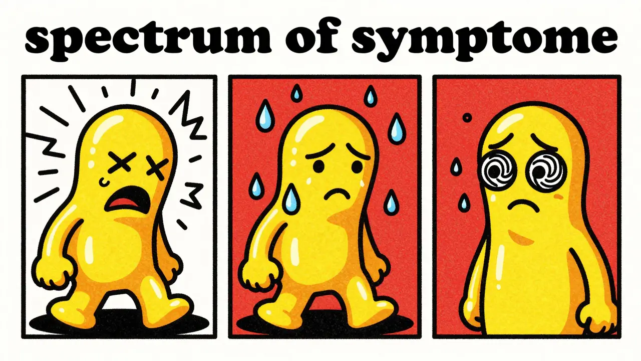 Rubber hose style character showing symptoms of shivering, sweating, and anxiety.