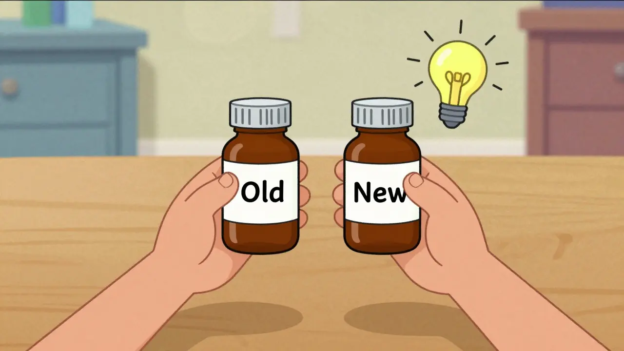 Rubber hose style illustration of hands comparing an old and new medicine bottle.