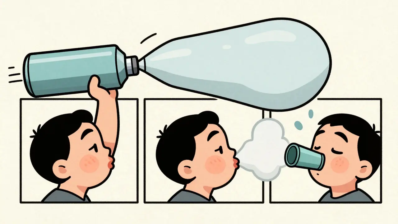 Three-step cartoon sequence of shaking, exhaling, and using an inhaler
