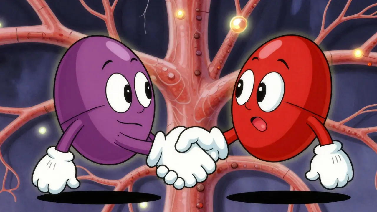 Two personified medicine molecules swapping places in a stylized nervous system