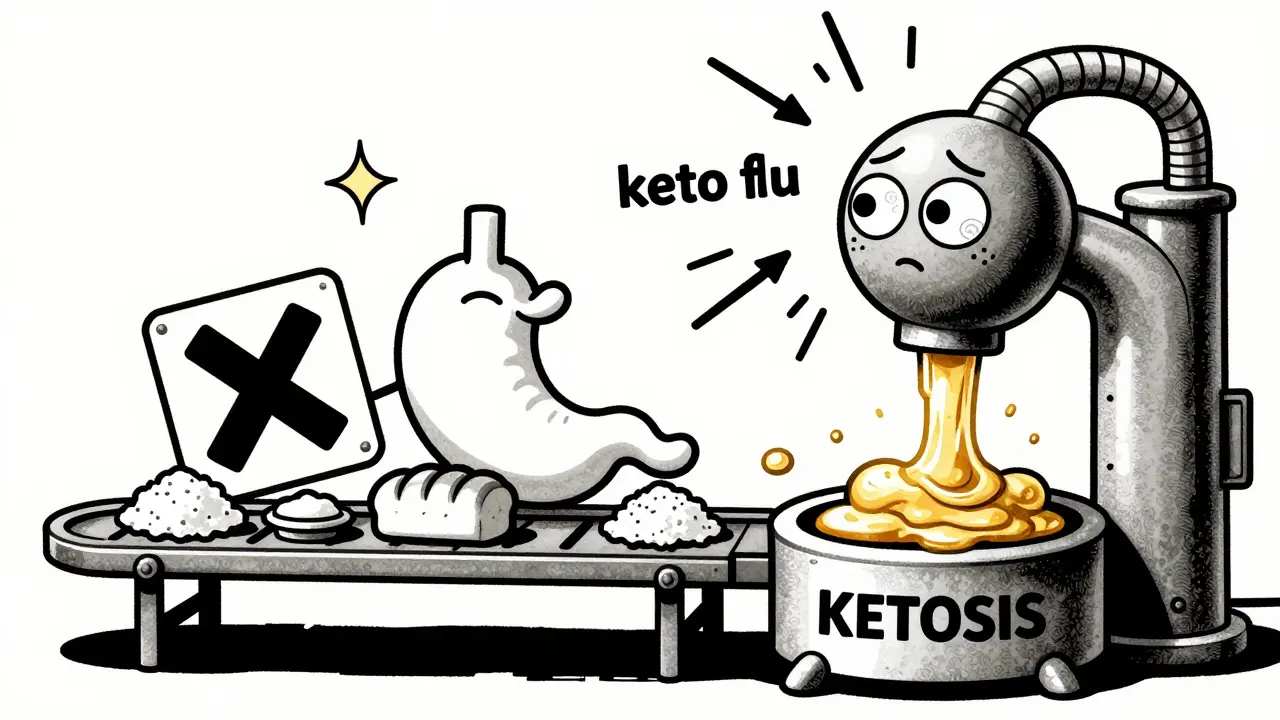 Vintage cartoon showing a body switching to fat-burning mode with keto flu effects.